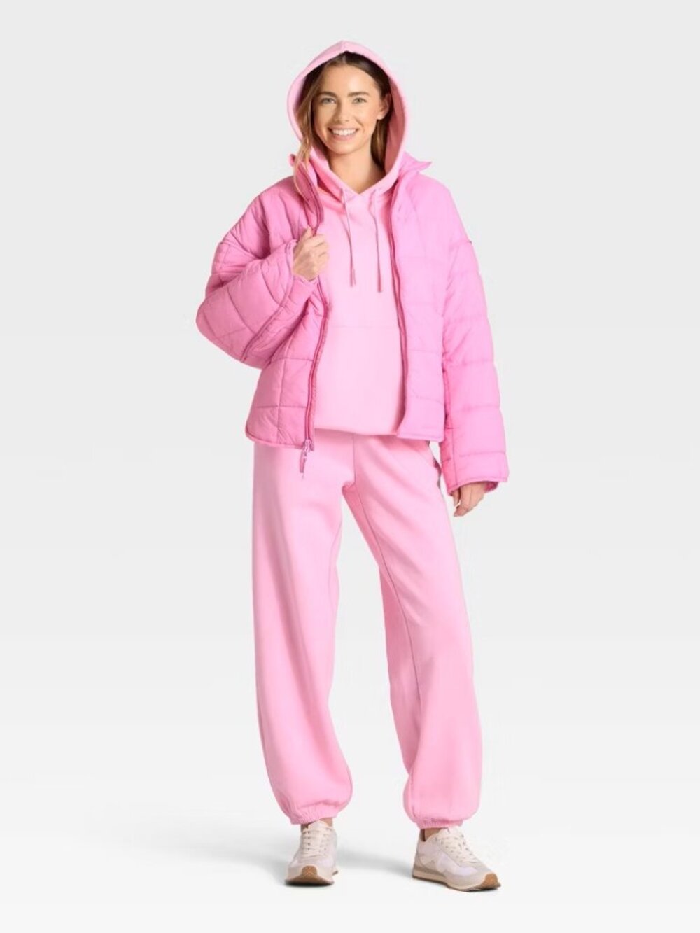NWT Women's JoyLab Size Medium Oversized Pink Quilted Puffer Boxy Fit Jacket - Picture 3 of 6
